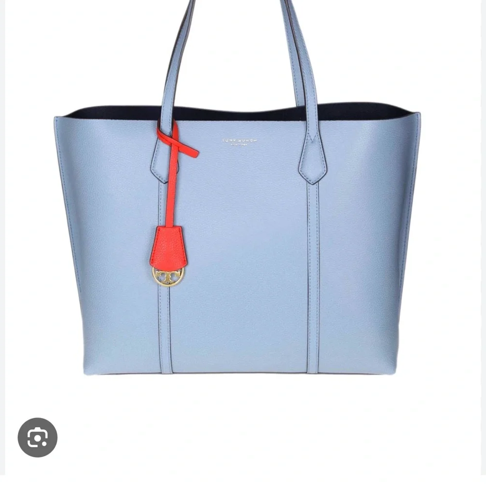 Tory Burch Light Blue Leather Tote with Red Accent Tag